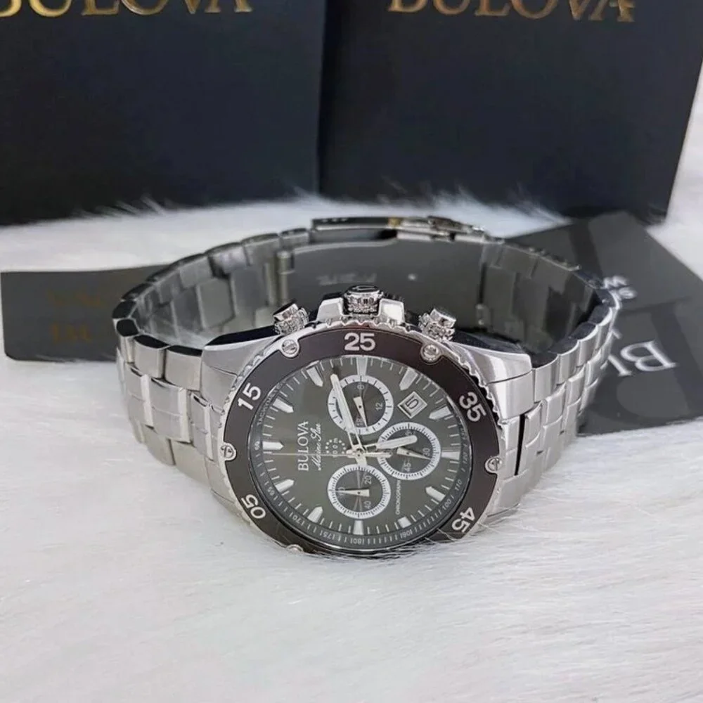 Men Bulova Classic Black Marine Star Chronograph Watch